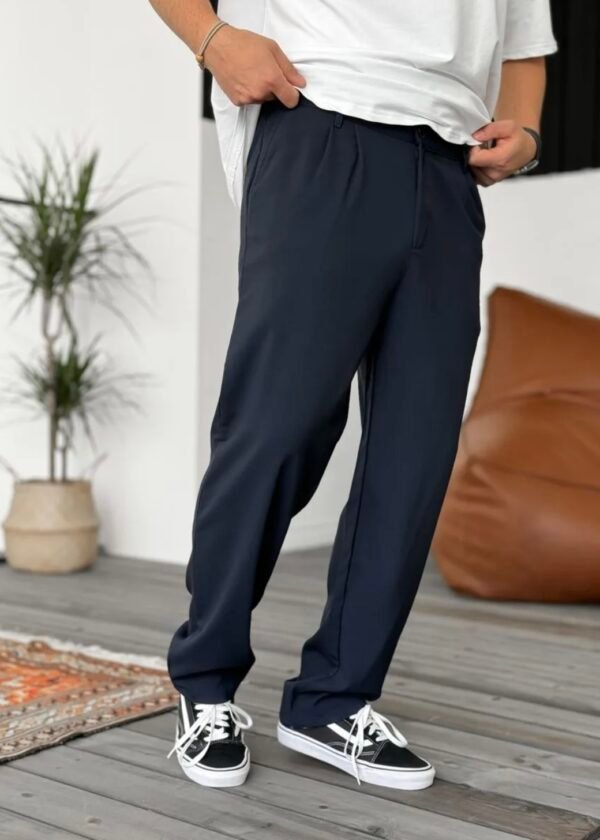COTTON PLEATED TROUSERS - NAVY